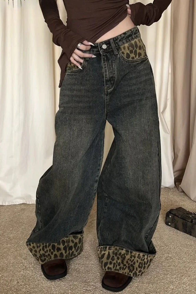 Leopard-Print Wide-Leg Retro Jeans