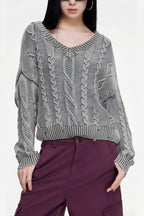 Cable-Knit Long-Sleeve Sweater with a V-Neck