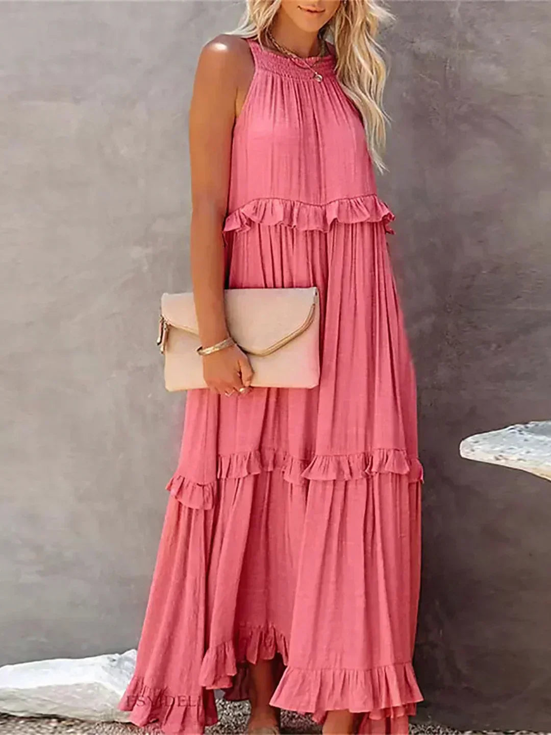 Halterneck Fitted Maxi Dress with Ruffle Details