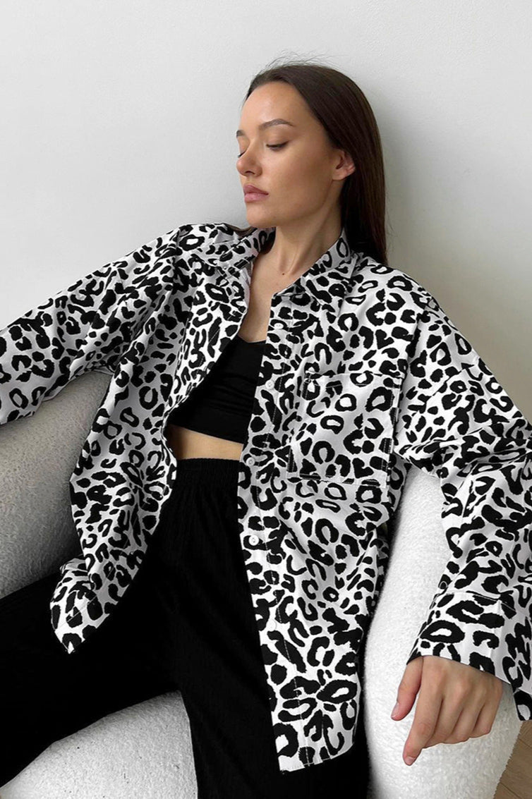 Leopard-Print Collared Long-Sleeve Blouse