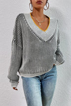 Striped Batwing Sweater with a V-Neck