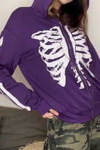 Skeleton-Print Zip-Detail Streetwear Hoodie