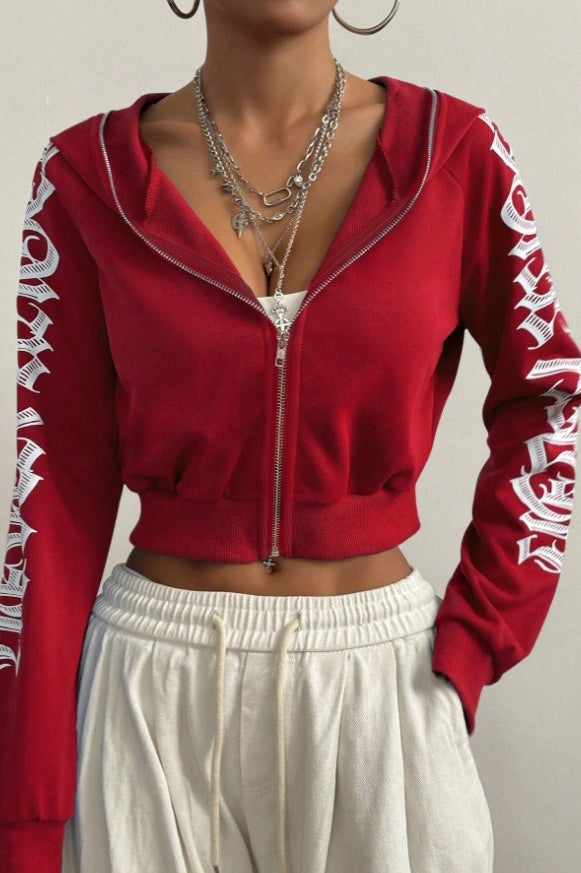 Printed Hoodie with Zip Details