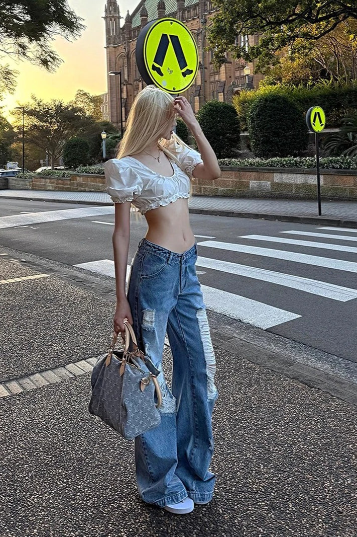 Wide-Leg Relaxed-Fit Distressed Jeans