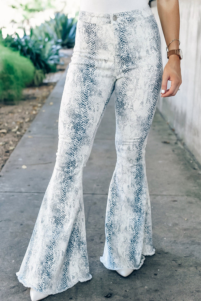 White Western Fashion High Waist Snakeskin Print Flare Pants White 98%Cotton+2%Elastane All In Stock bottoms clothes Flare Jeans Jeans Occasion Daily pants Season Fall & Autumn Silhouette Flare Style Western wide leg pants Main image