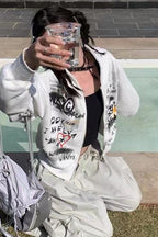 Gray Graffiti-Print Zip-Front Cropped Hoodie