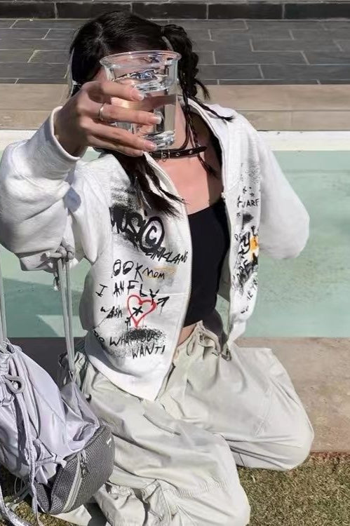 Gray Graffiti-Print Zip-Front Cropped Hoodie
