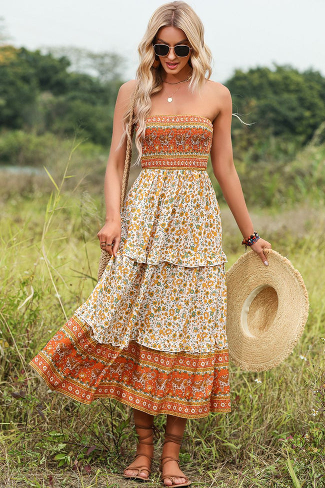 Bohemia Strapless Ruffled Midi Dress Floral C.S casual dress casual dresses clothes dress dresses maxi dresses midi dress midi dresses Ship From Overseas Main image