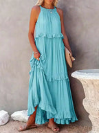 Halterneck Fitted Maxi Dress with Ruffle Details