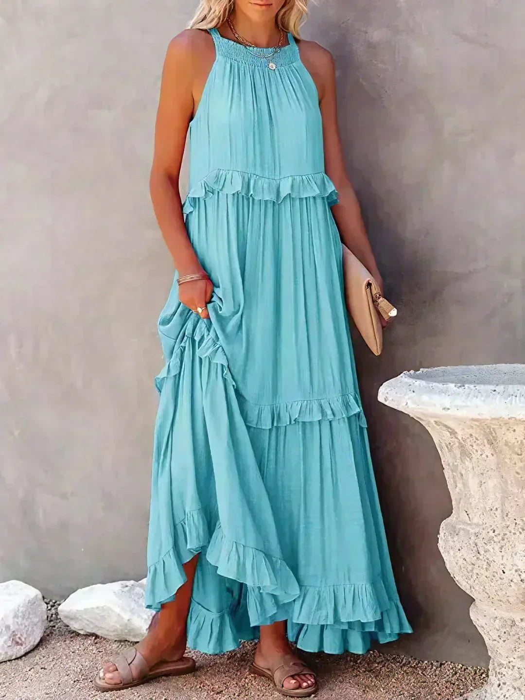 Halterneck Fitted Maxi Dress with Ruffle Details