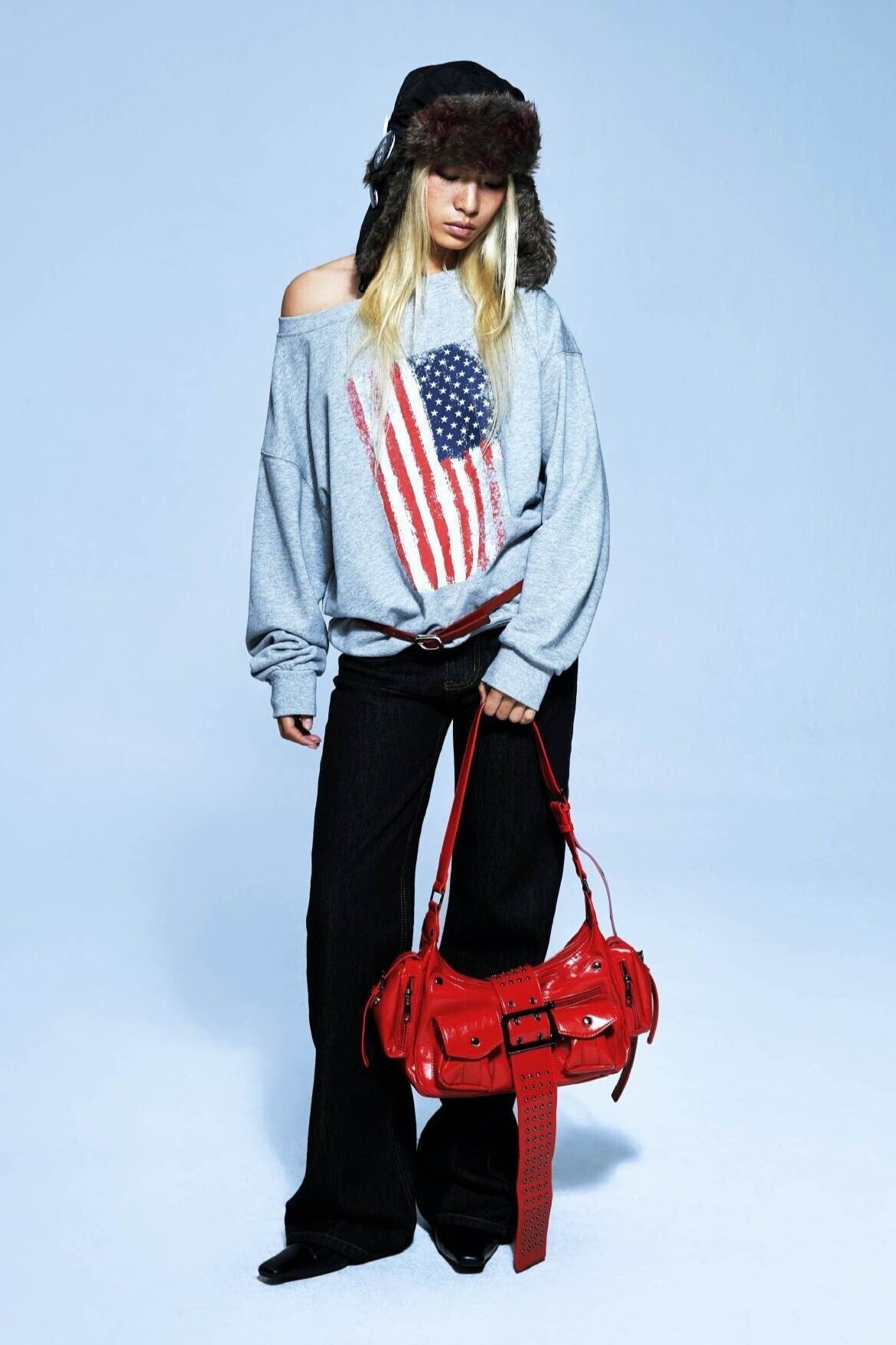 Off-Shoulder Flag-Graphic Distressed Tee