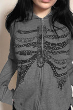 Skeleton-Print Zip-Detail Streetwear Hoodie