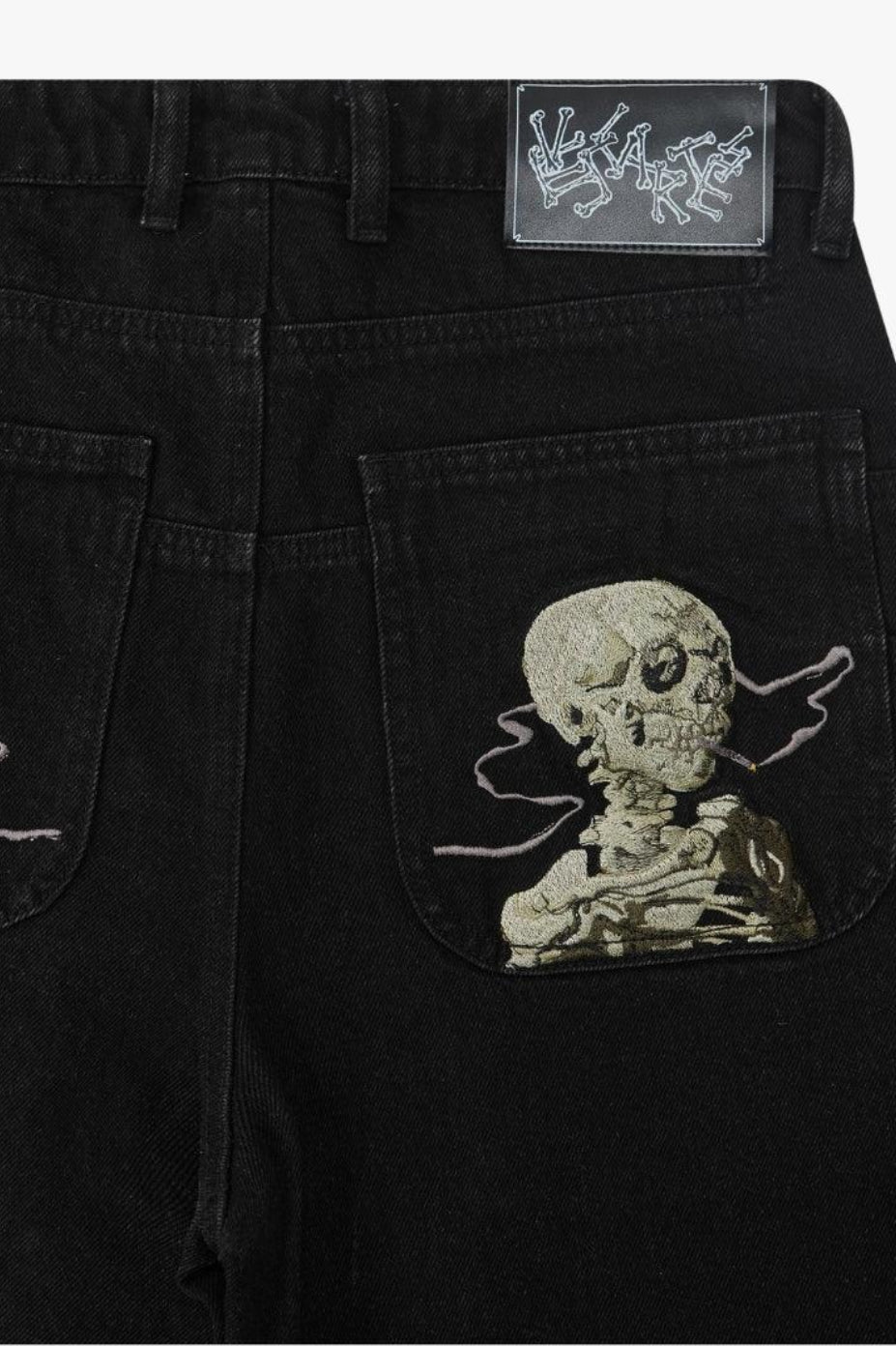 Black Wide-Leg Skeleton-Embroidered Jeans
