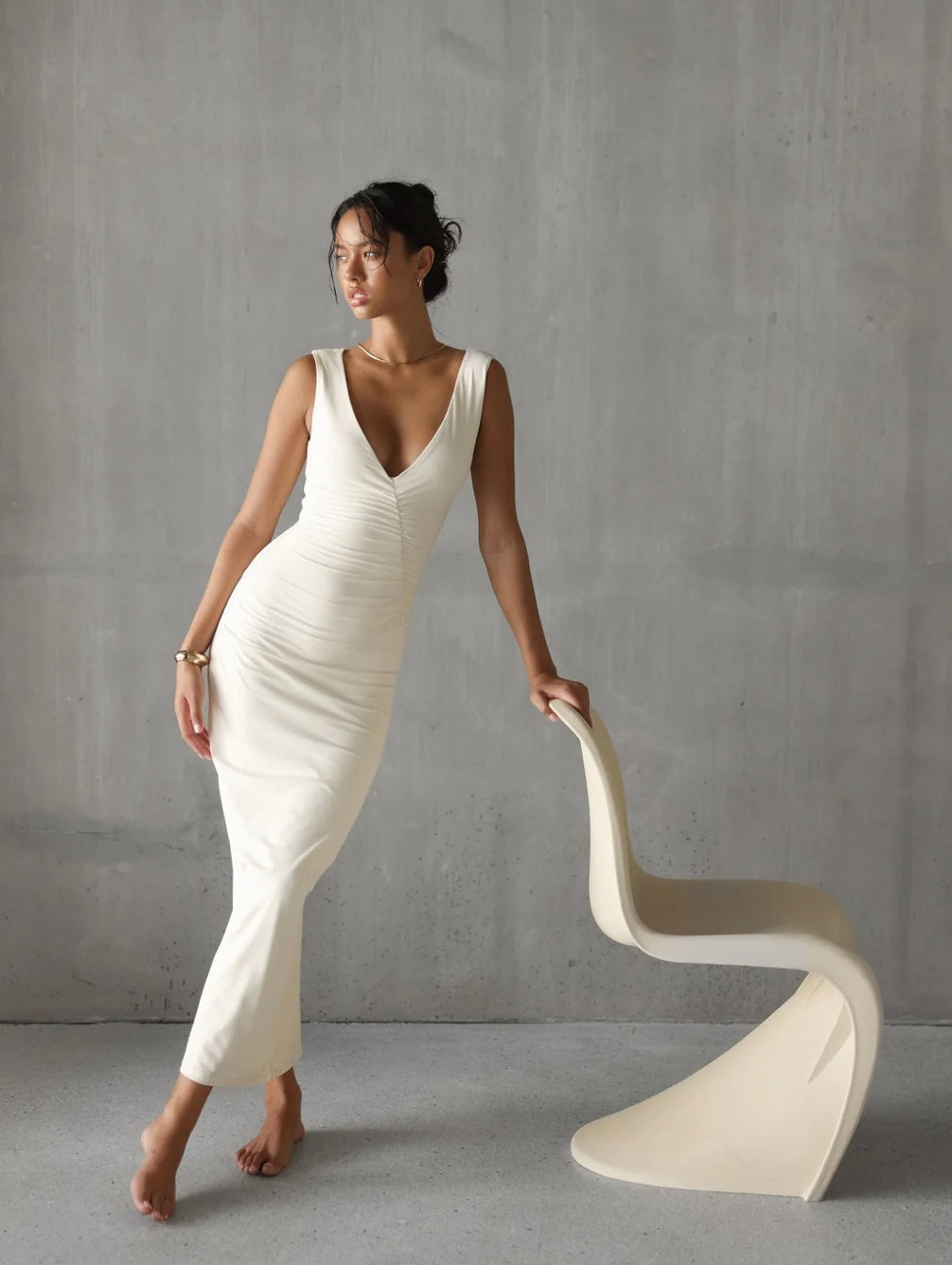 V-Neck Flared Dress with Ruched Details