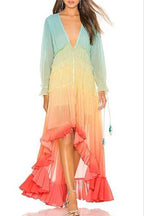Ombré Long-Sleeve Dress with a V-Neck