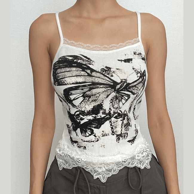 Ribbed Lace Strappy Cami Top with Butterfly Details Main image