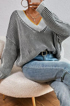 Striped Batwing Sweater with a V-Neck