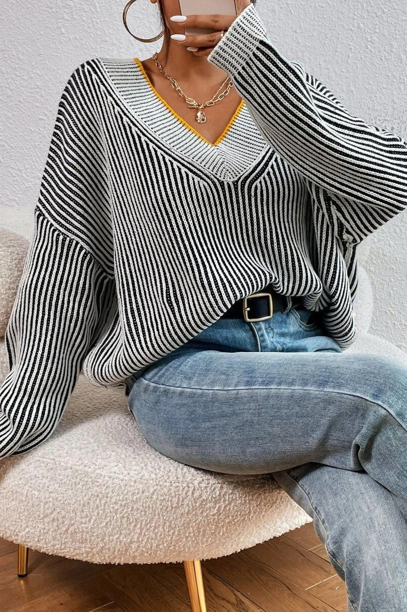 Striped Batwing Sweater with a V-Neck