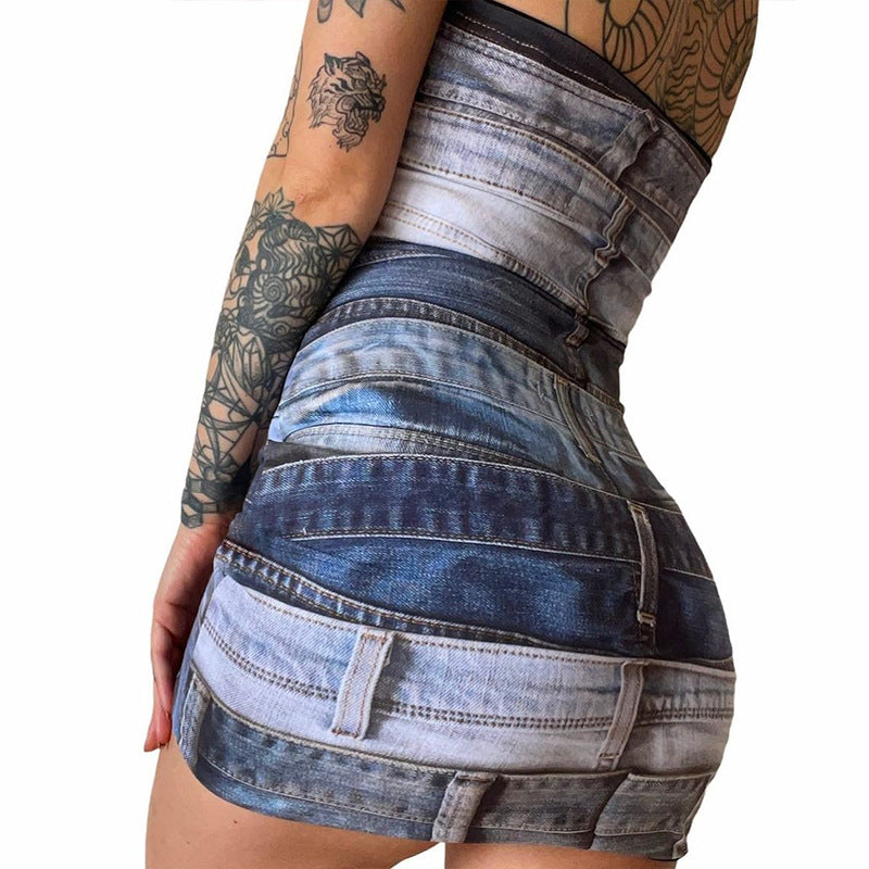 Denim Strappy Printed Dress