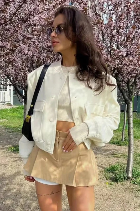 Single-Breasted Short-Sleeve Bomber Jacket with Button Details