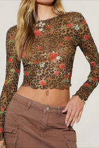 Leopard-Print Cropped Mesh Crop Top