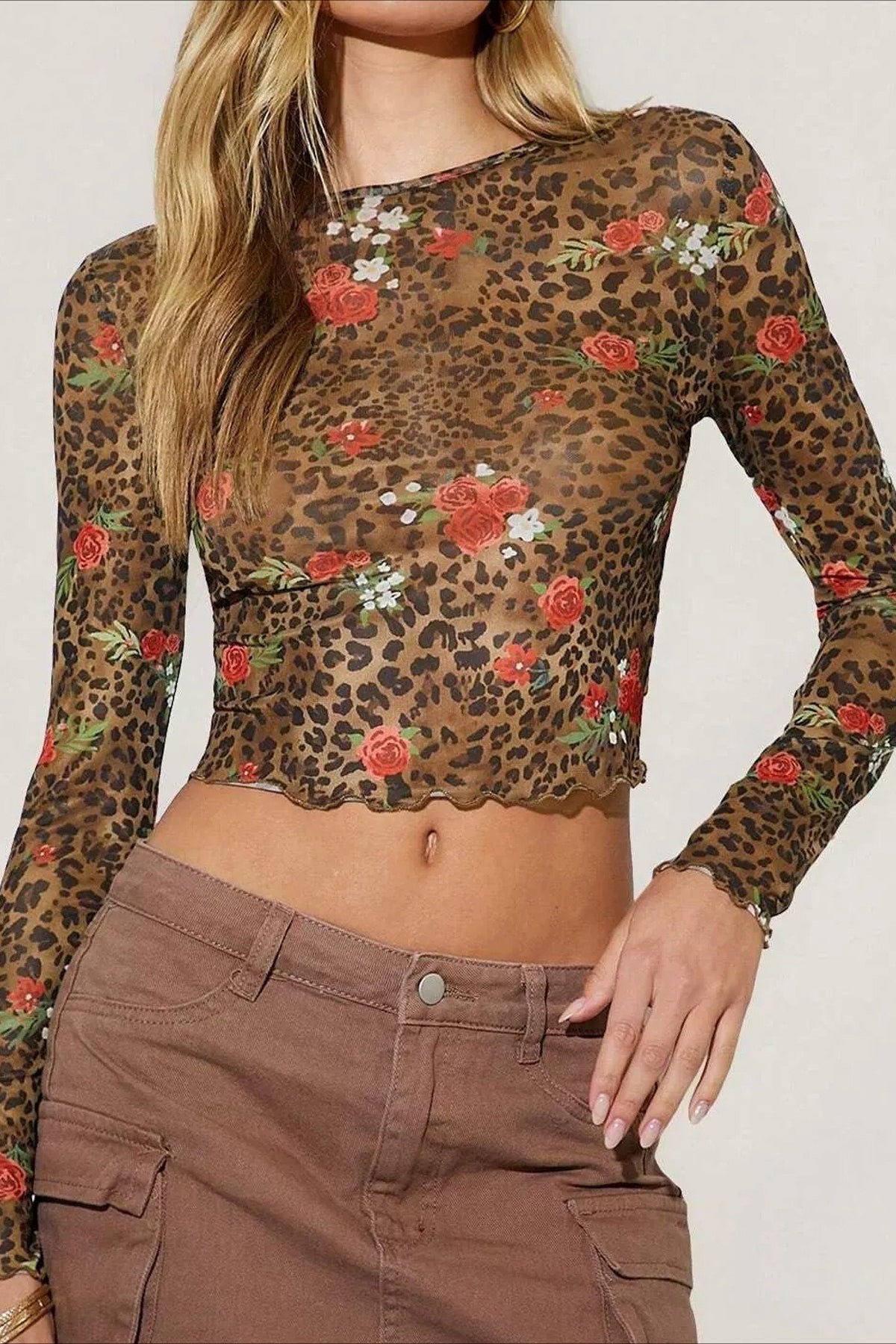 Leopard-Print Cropped Mesh Crop Top