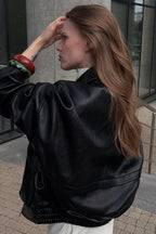 Black Leather Zip-Detail Collared Jacket