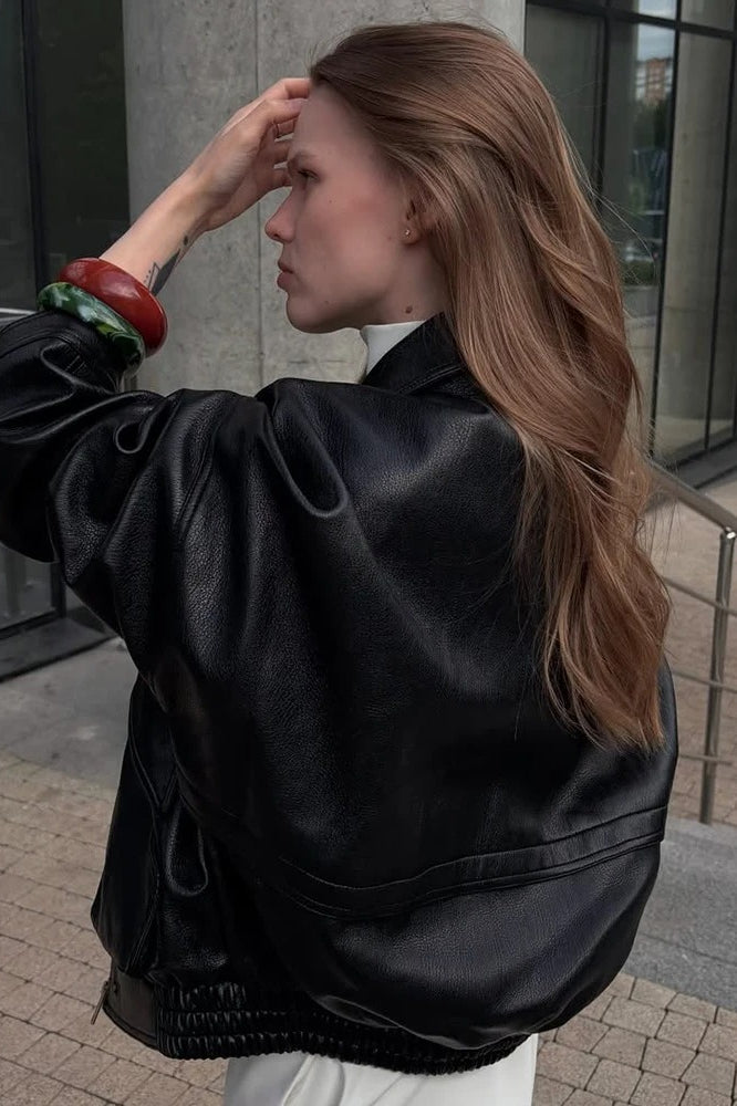 Black Leather Zip-Detail Collared Jacket