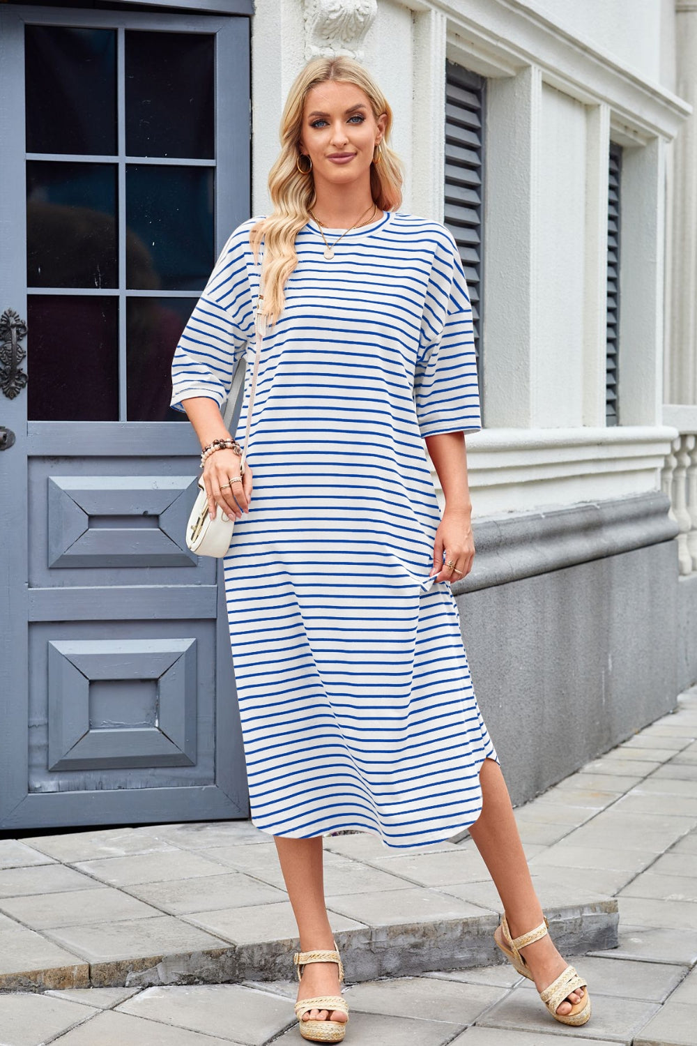 Striped Contrast-Detail Midi Dress with Pockets