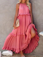 Halterneck Fitted Maxi Dress with Ruffle Details