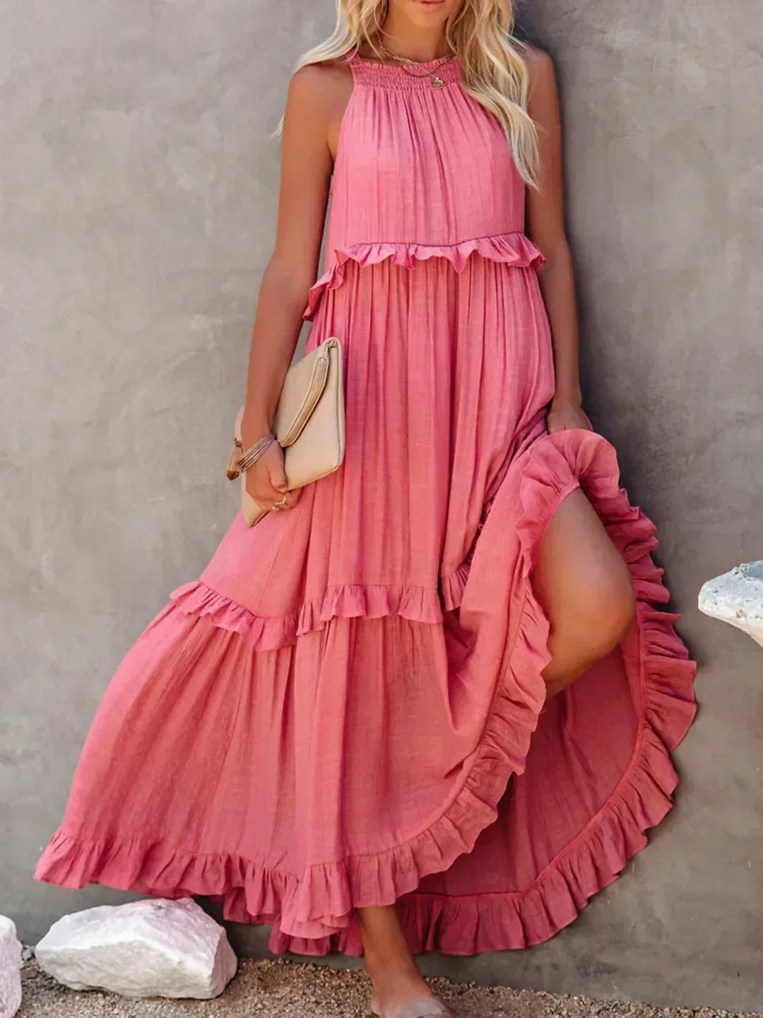 Halterneck Fitted Maxi Dress with Ruffle Details