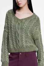 Cable-Knit Long-Sleeve Sweater with a V-Neck