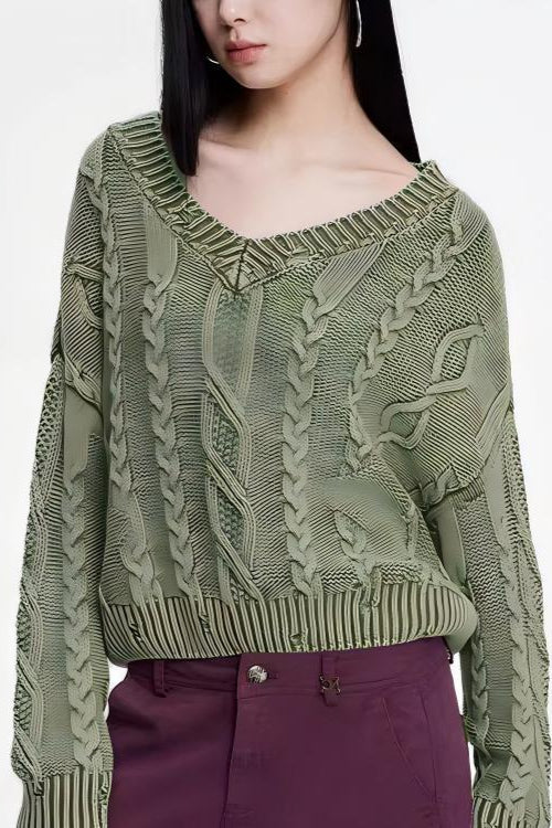 Cable-Knit Long-Sleeve Sweater with a V-Neck