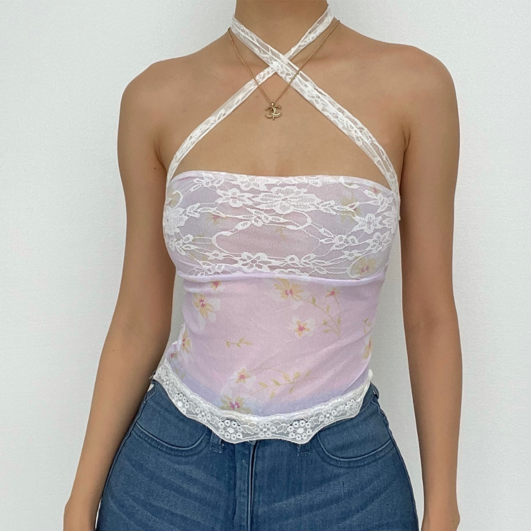 Floral Strapless Sheer Top with Lace Details