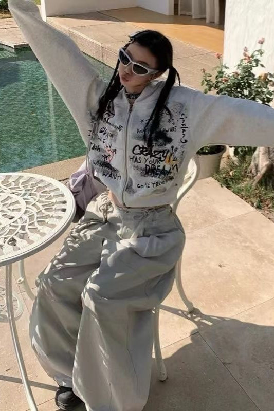 Gray Graffiti-Print Zip-Front Cropped Hoodie