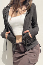 Gray Cropped Hooded Hoodie with a Front Zip