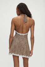 Leopard-Print Open-Back Mini Dress with a Halter Neck