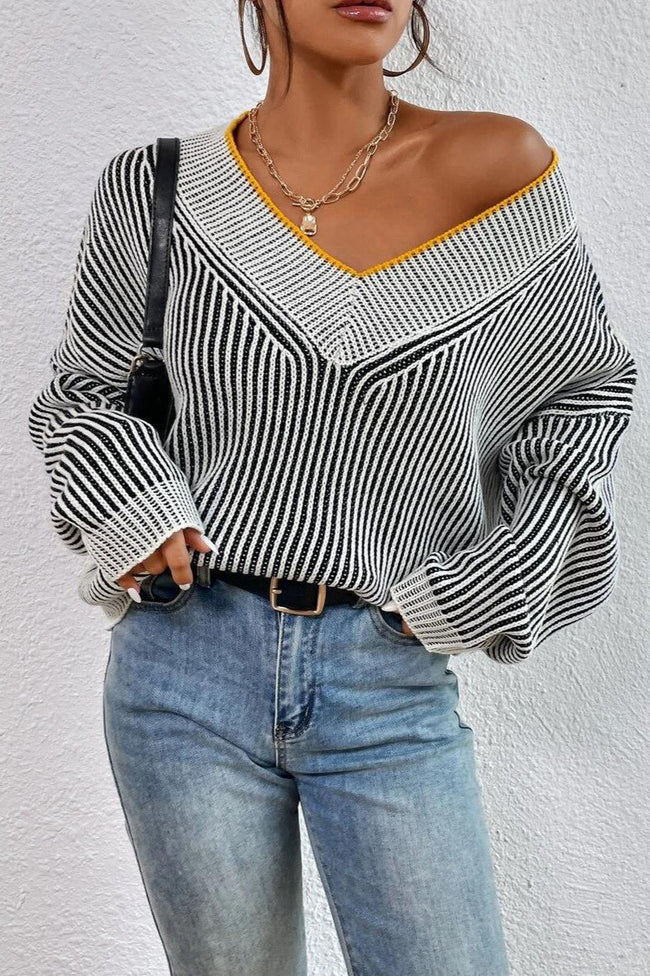 Striped Batwing Sweater with a V-Neck Main image