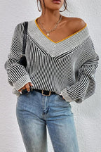 Striped Batwing Sweater with a V-Neck
