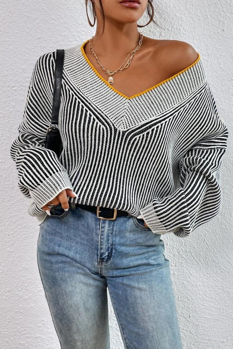 Striped Batwing Sweater with a V-Neck