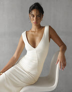 V-Neck Flared Dress with Ruched Details