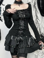 Lace Square Collar Knit Top Black / S