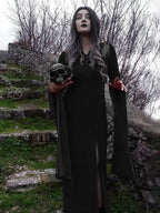 Antique Halloween Lace Patchwork Flare Sleeve Maxi Attire Black / S