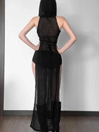 Attractive Rebel Net Hollow Hooded Full-Length Dress