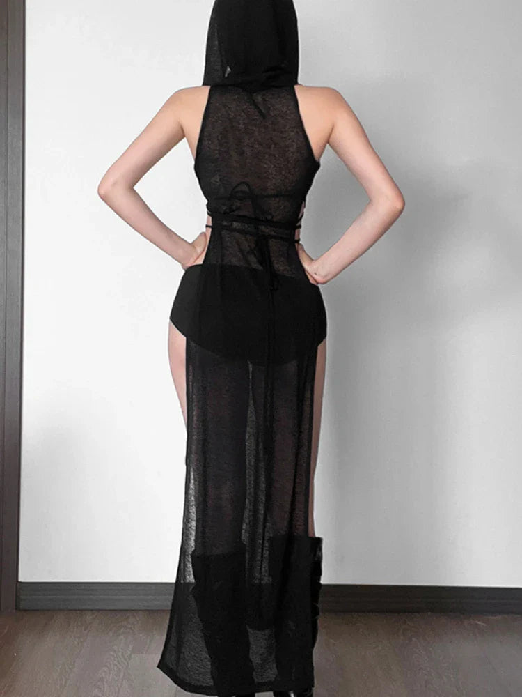 Attractive Rebel Net Hollow Hooded Full-Length Dress