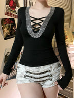 Sparkling V-neck Knit Top