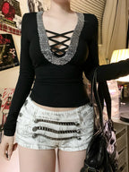 Sequin V-neck Knit Top Black / S