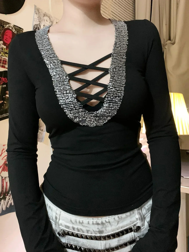 Sequin V-neck Knit Top Main image