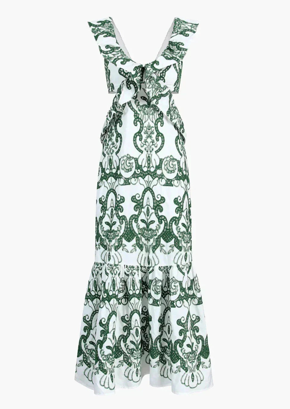 Plunging-V Ruffled Maxi Dress with an Open Back