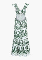 Plunging-V Ruffled Maxi Dress with an Open Back